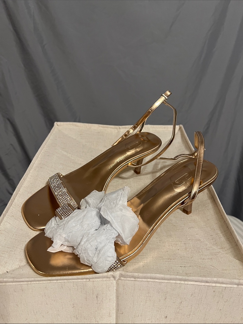 Metallic Rose Gold Rhinestone Strap Ankle-Tie Heels - Picture 2 of 4